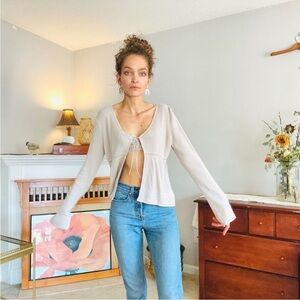 Xhilaration Tie Front Bell Sleeve Cardigan w Ladder Lace Detail & Crochet Hem L